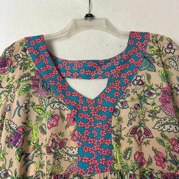 Uncle Frank dress sz XL multicolored bright flared sleeve deep back V floral - Picture 3 of 7